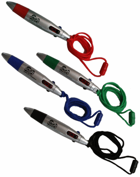 4-color click pens on a string: red, green, blue, and black
