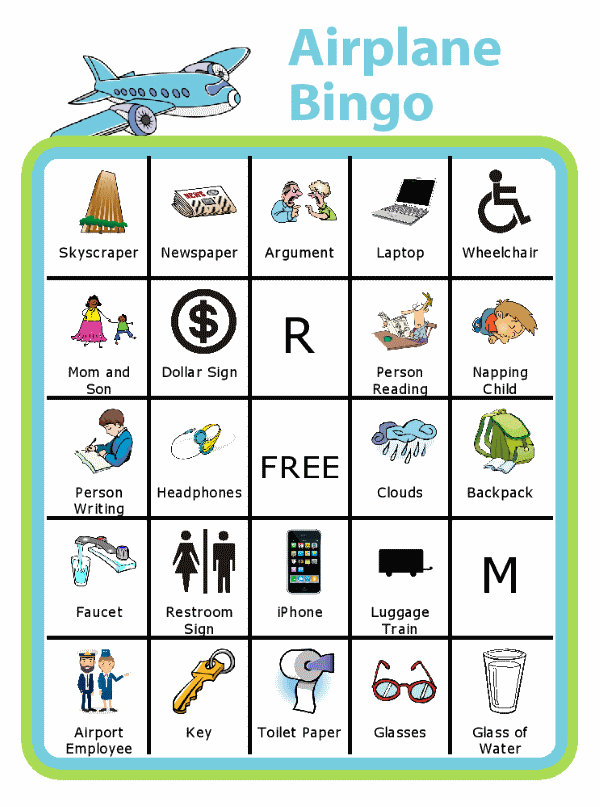 Bingo board with an airplane at the top and titled Airplane Bingo