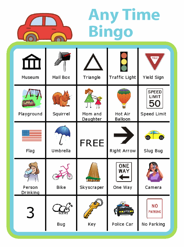 Bingo board with red car at the top and title Road Trip Bingo