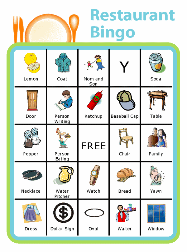 Bingo board with place setting at the top and titled Restaurant Bingo