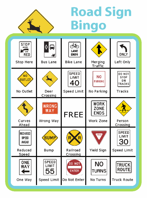 Bingo board with deer crossing sign at the top and titled Road Sign Bingo
