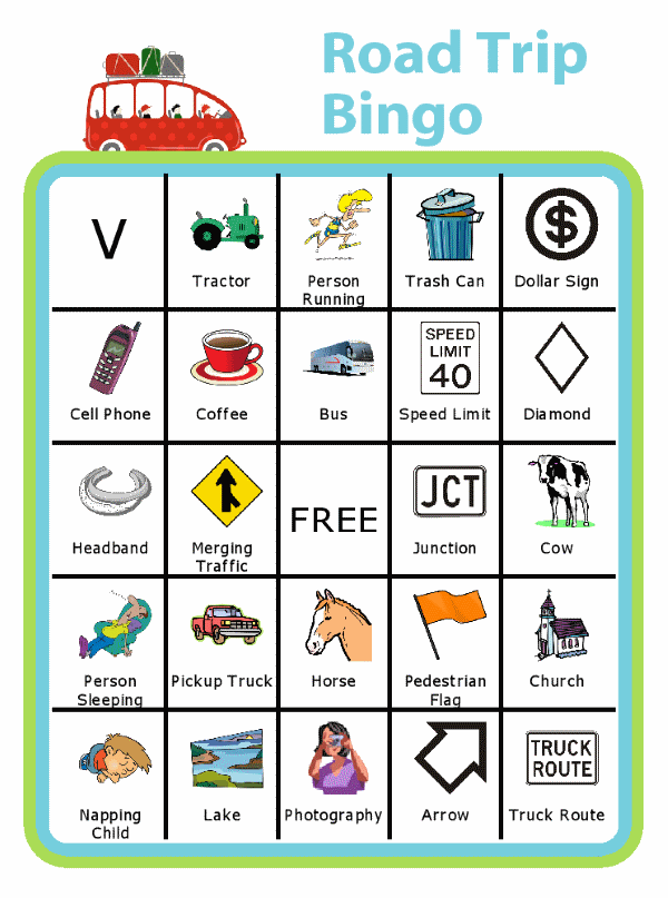 Bingo board with red car at the top and title Road Trip Bingo