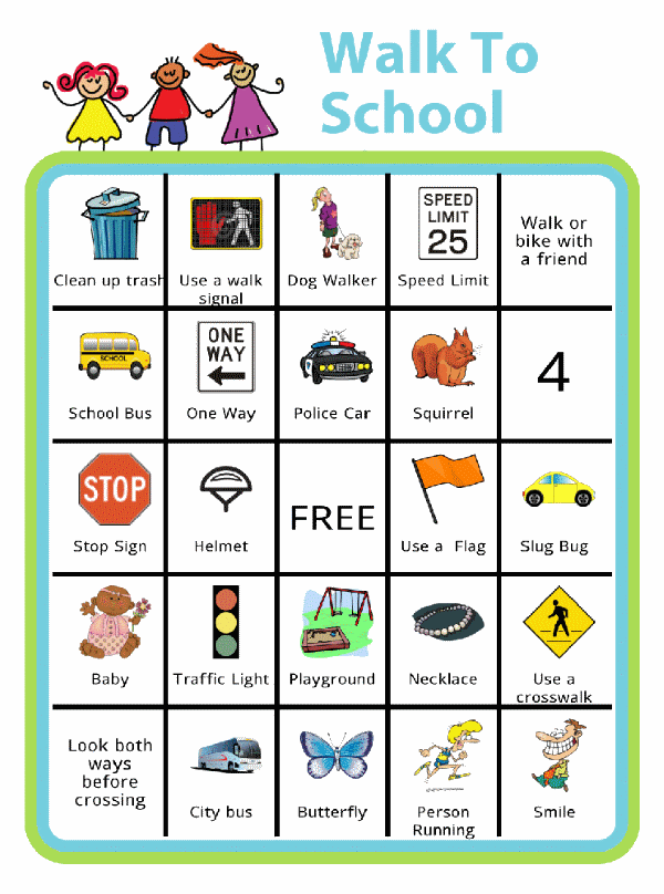 Bingo board with kids holding hands at the top and titled Walk To School Bingo