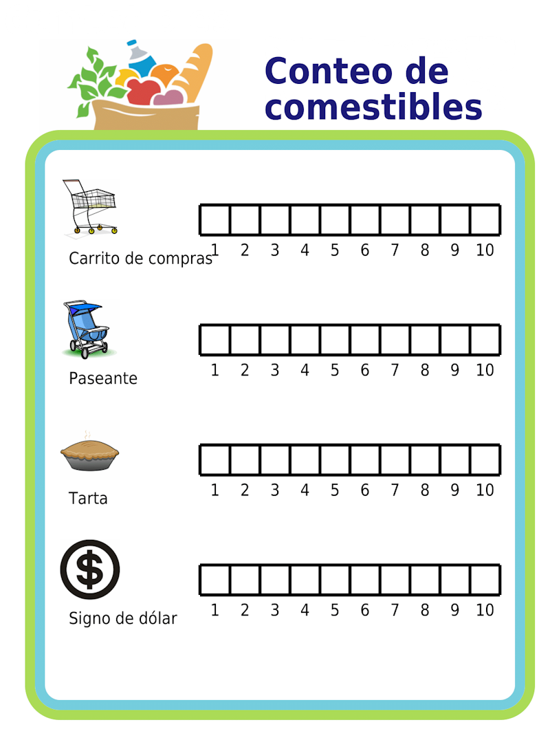 Chart for counting grocery carts, strollers, pies, and dollar signs at the grocery store