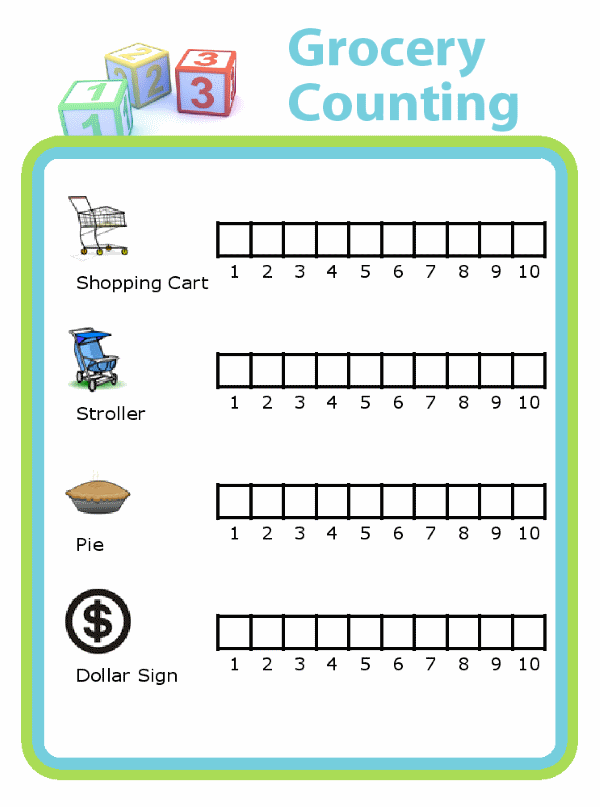 Chart for counting grocery carts, strollers, pies, and dollar signs at the grocery store