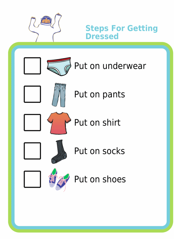 Picture checklist showing the steps for how to get dressed