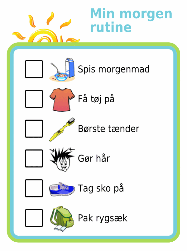 Morning routine picture checklist for kids in danish
