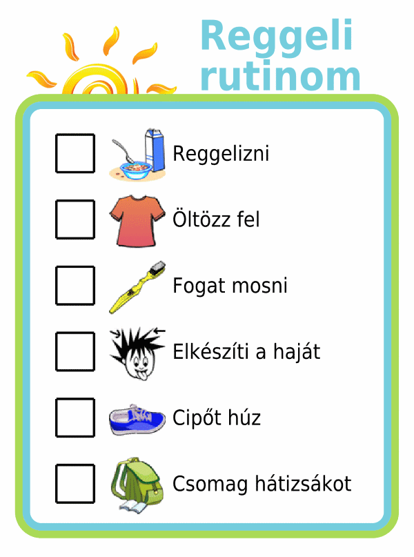 Morning routine picture checklist for kids in hungarian