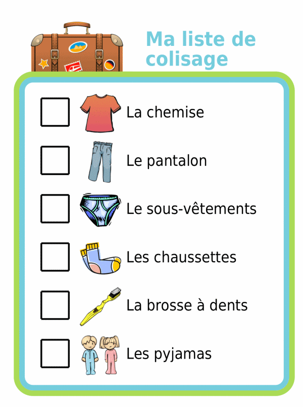 Picture checklist in french so kids can pack for your next trip