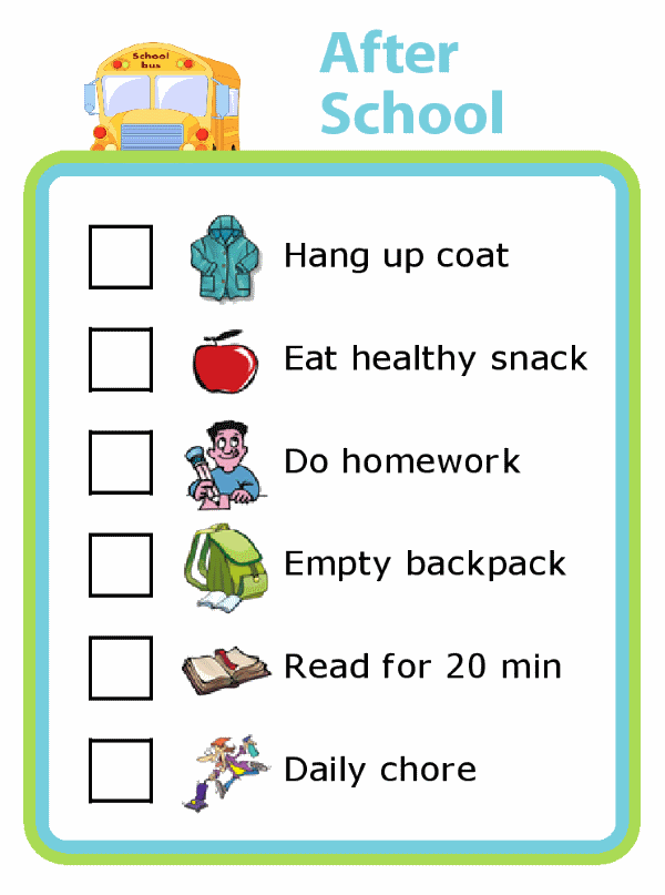 Picture checklist with clipart showing a daily after school checklist for kids