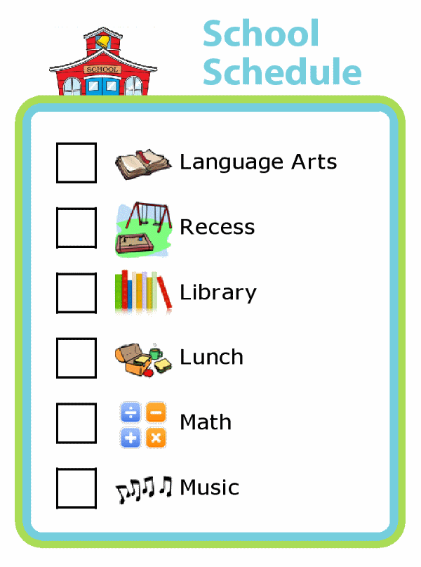 Picture checklist of a school schedule for kids