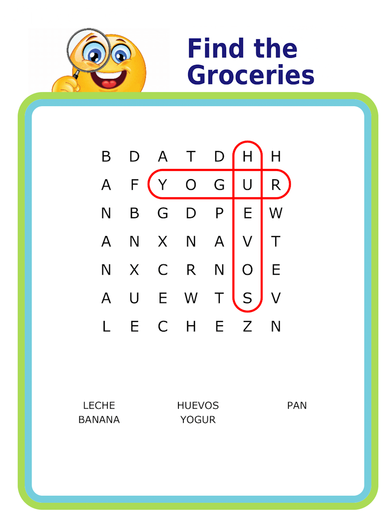 Grocery word search puzzle 9x9 - huevos, leche, yogur, bananas pescado, manzanas