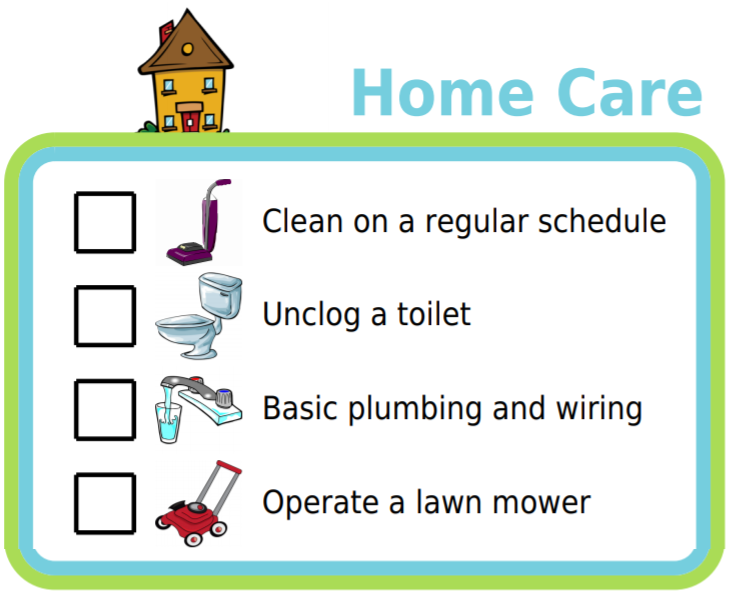 Picture checklists for personal care, life management, professional skills, life skills, and home care task