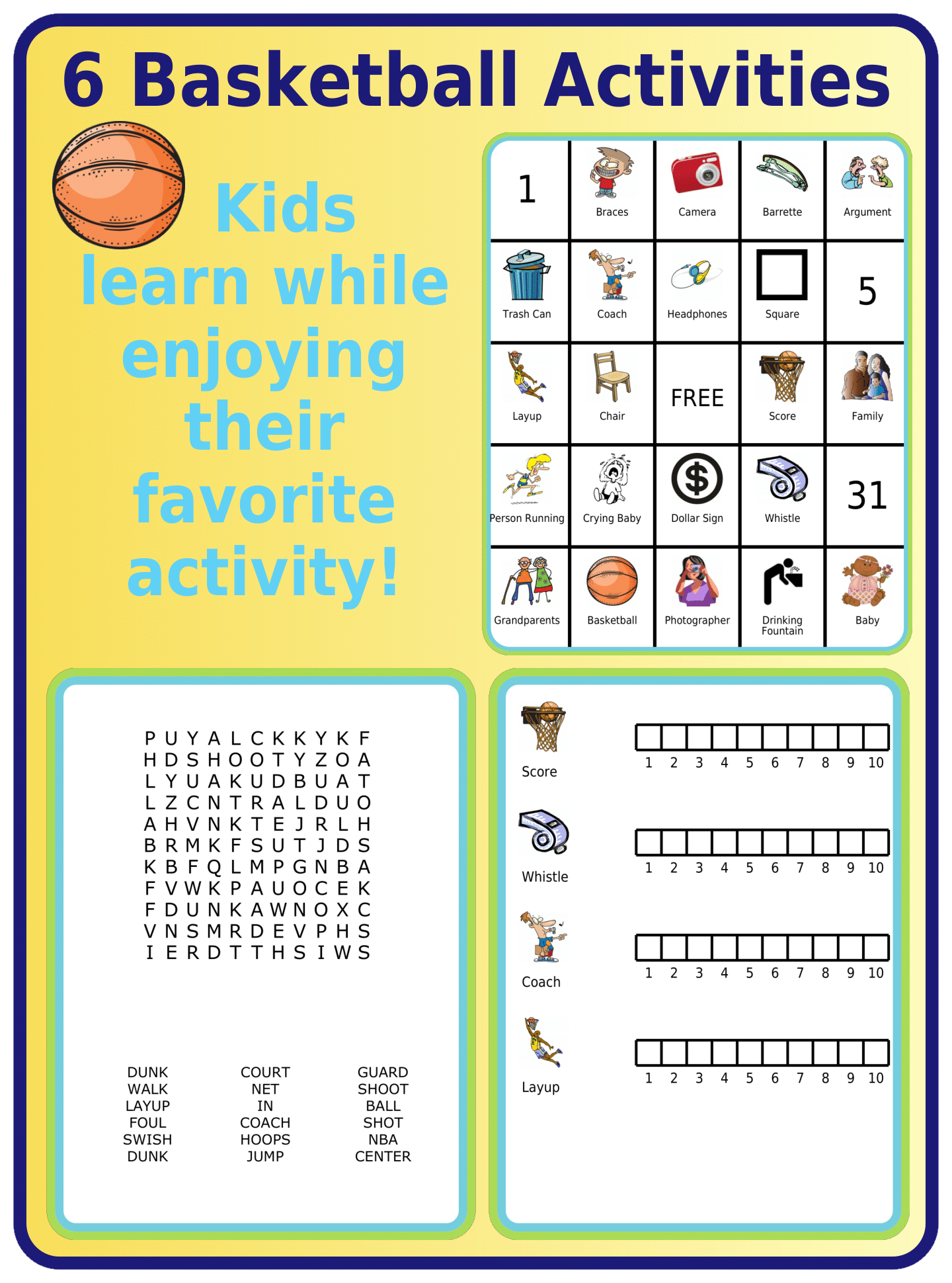 Printed basketball activities: bingo, word search, count on it