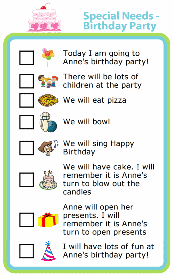 Picture checklist for special needs birthday party social story