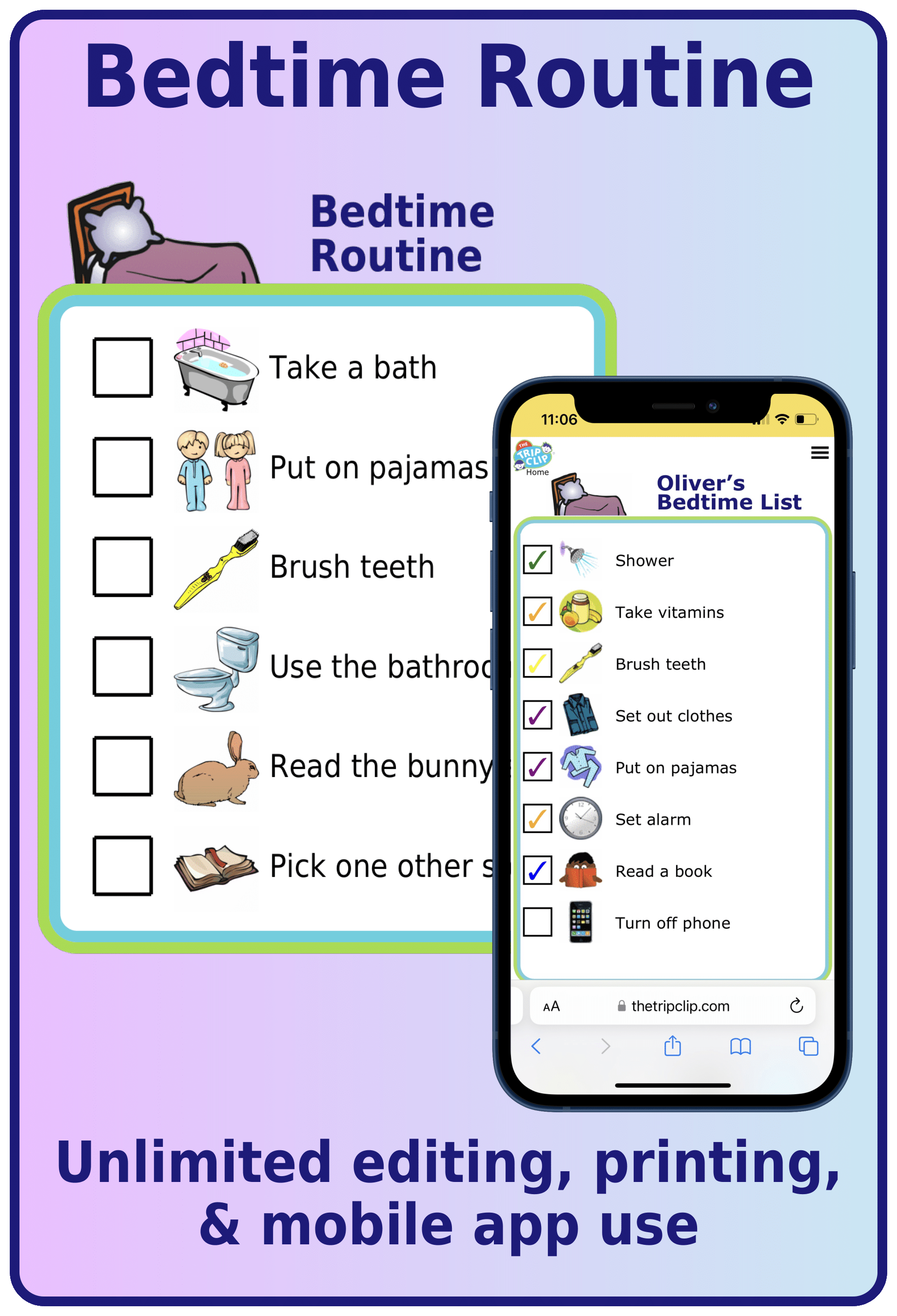 Picture checklist of bedtime routine for kids