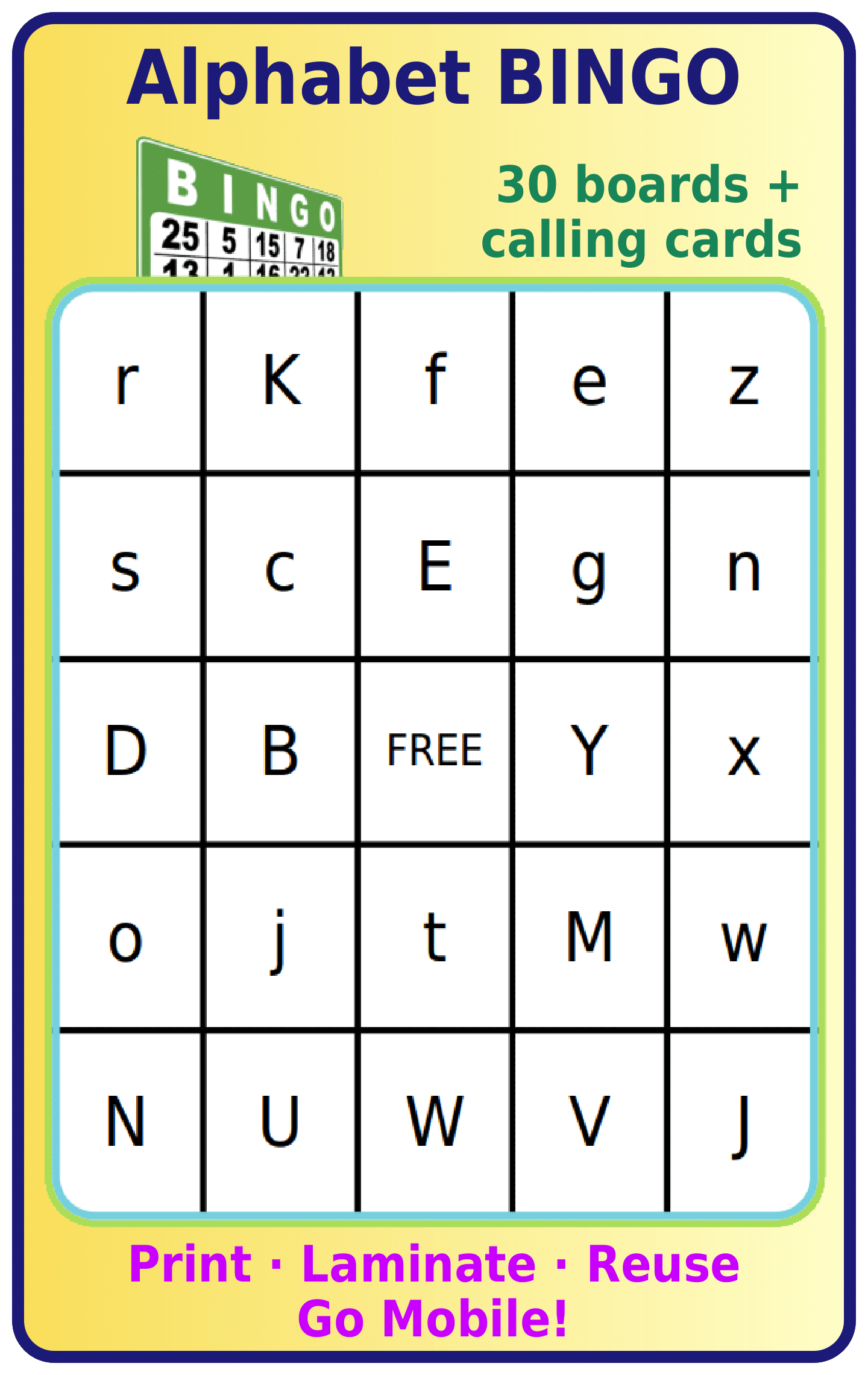 Bingo board with a mix of upper and lower case letters