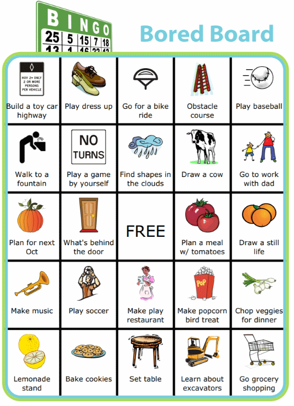 Bingo board with pictures and titled Bingo Bored Board