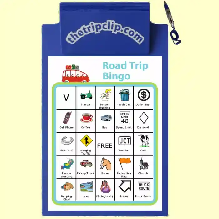 Printable bingo activity on a kid-sized clipboard with attached pen