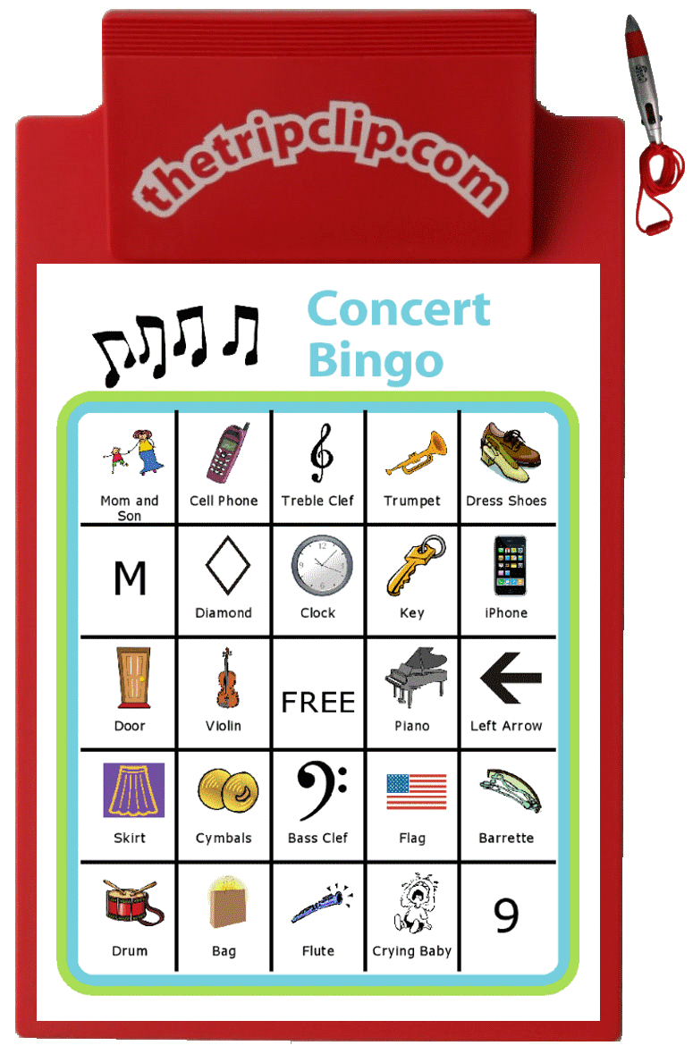 Bingo board with music notes at the top and titled Concert Bingo