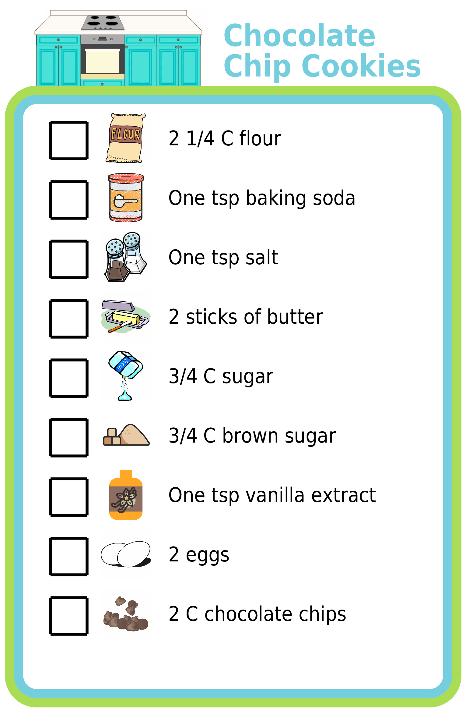 Picture checklist showing recipe for baking chocolate chip cookies