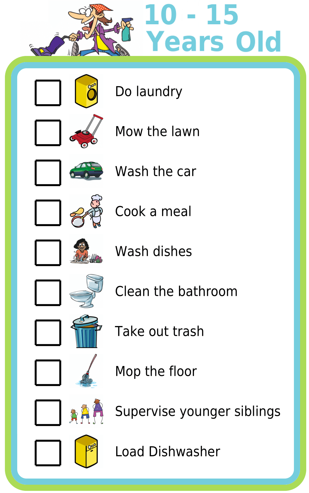 Picture checklist with chores appropriate for ten to fifteen year olds