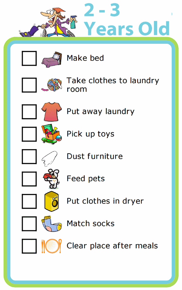 Picture checklist with chores appropriate for two to three year olds