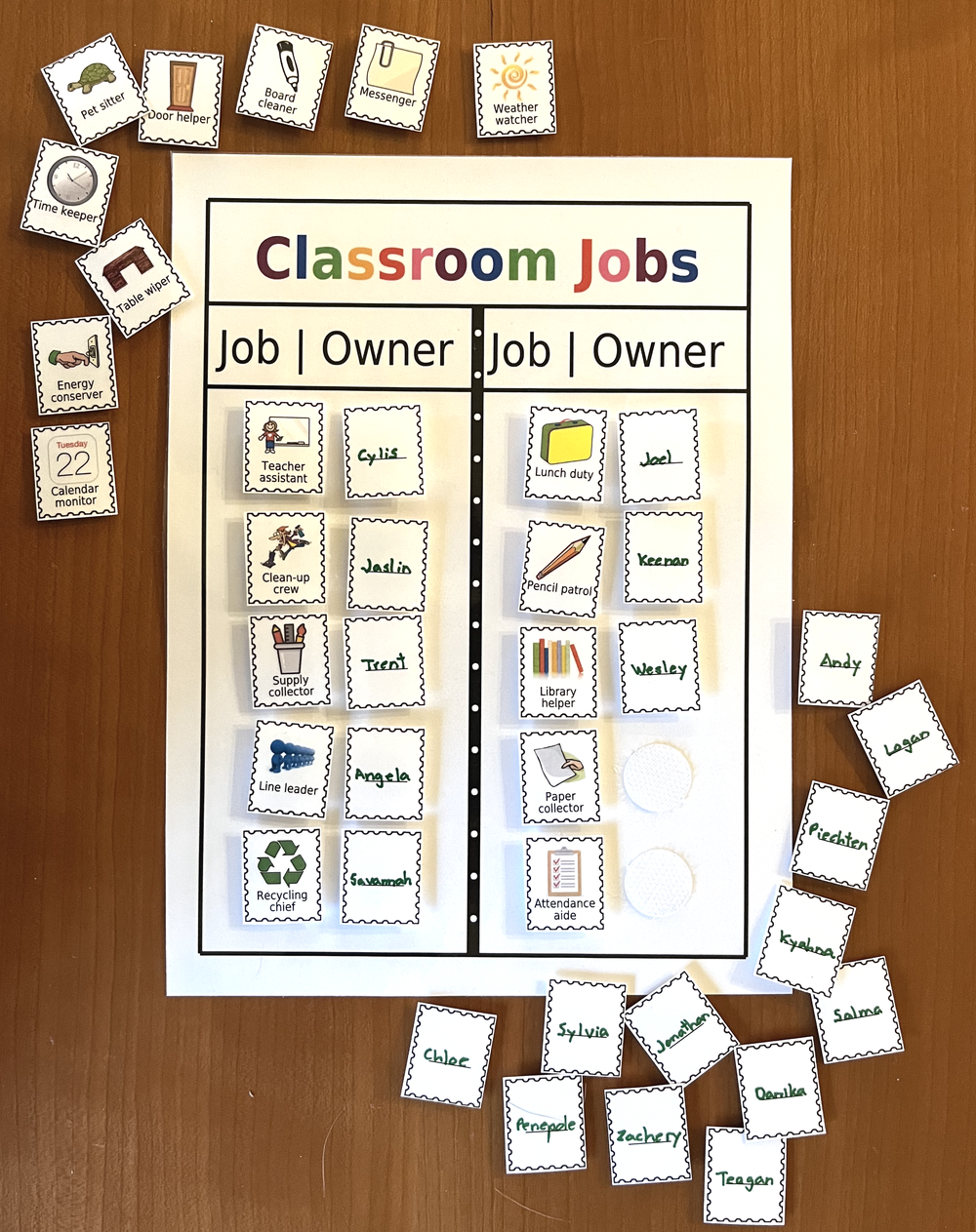 Classroom Jobs chart with 20 hook & loop job squares