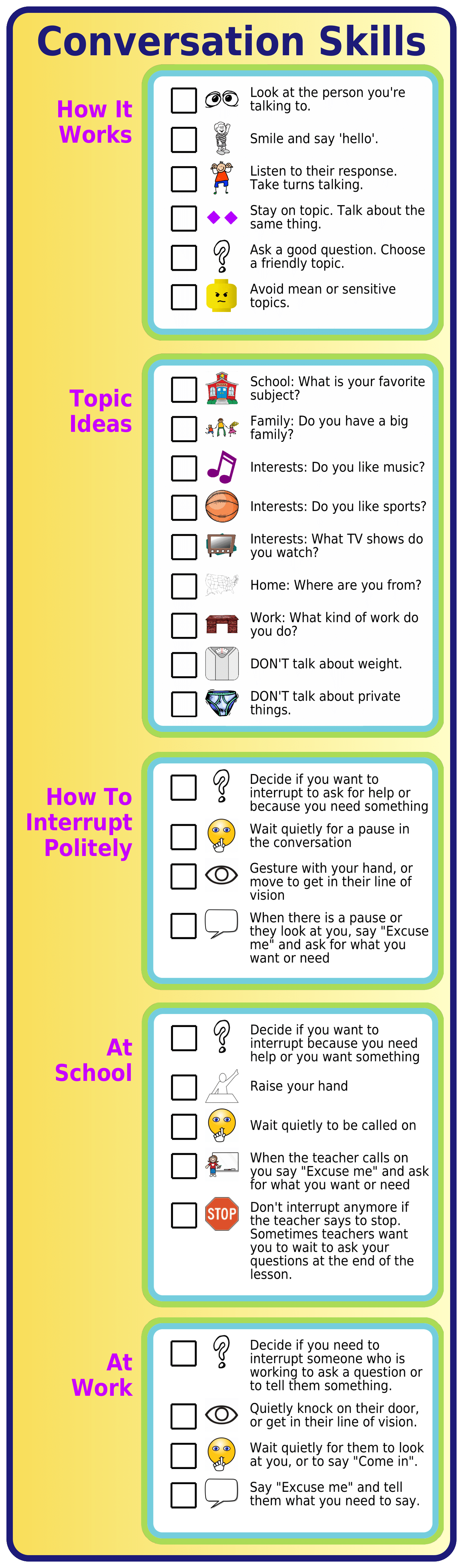 5 picture checklists that teach conversation skills, topic ideas, and how to interrupt