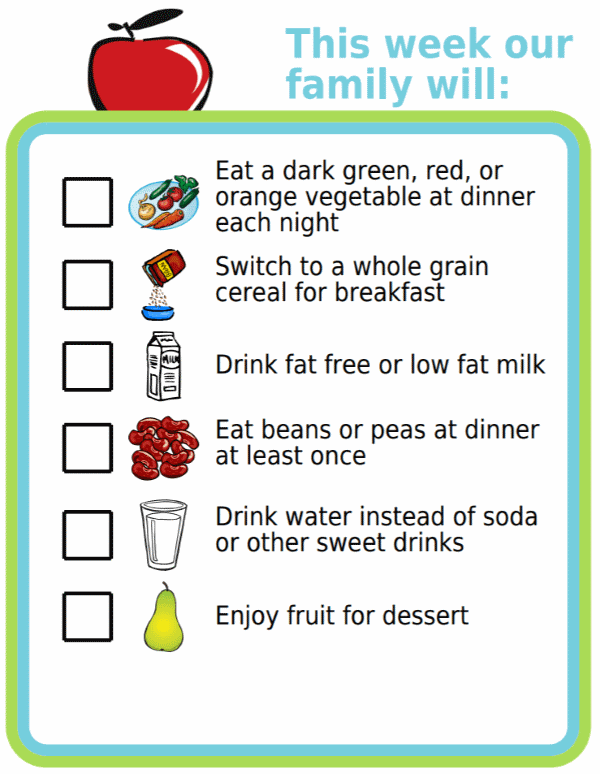 Picture checklist with healthy eating ideas for your family