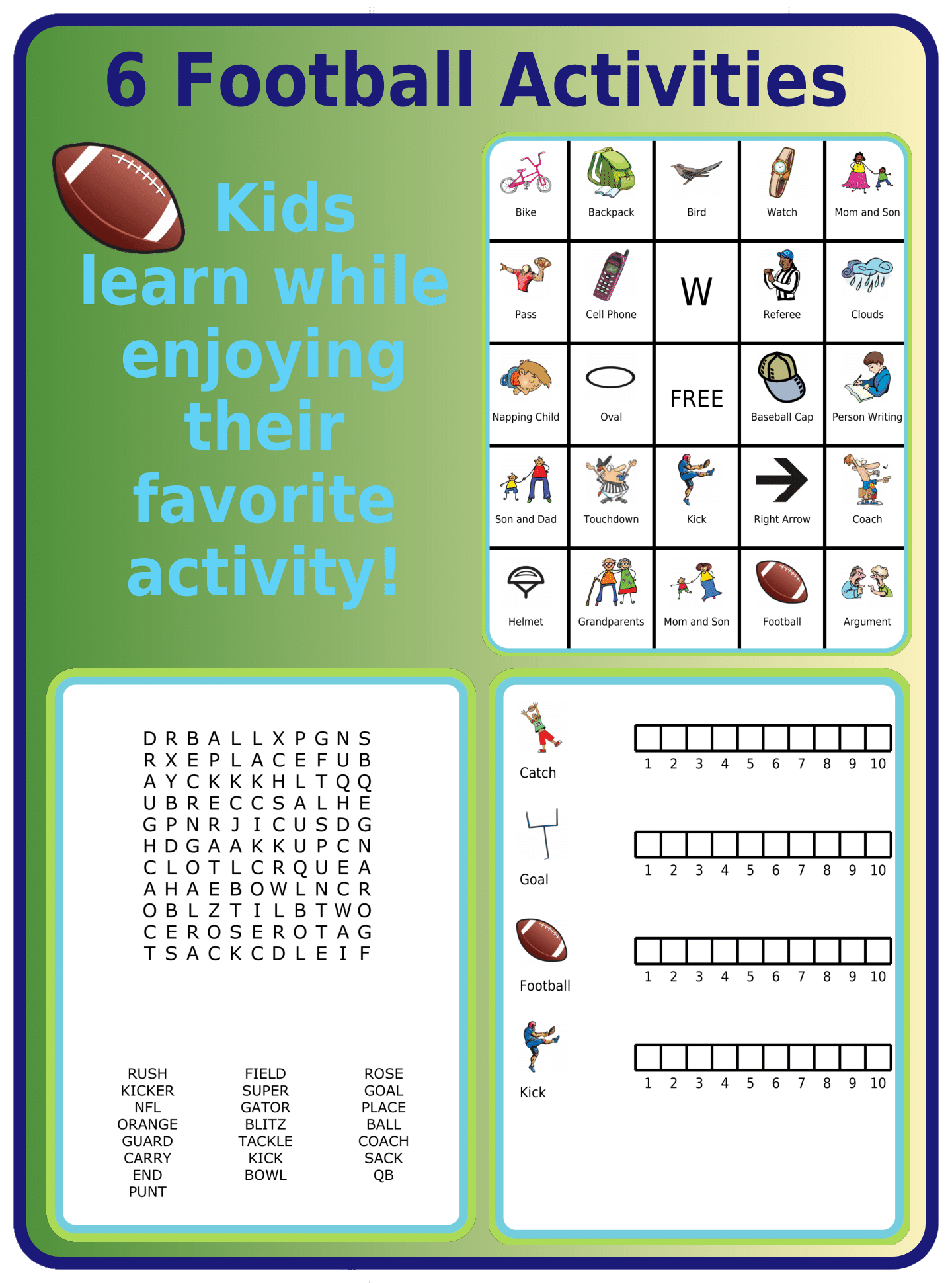 Printed football activities: bingo, word search, count on it