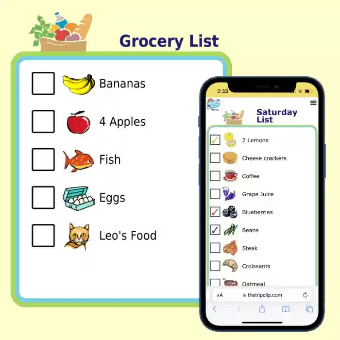 Printable picture grocery checklist overlaid by picture list on iPhone