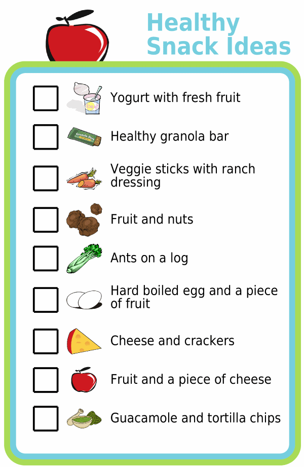 Picture checklist with healthy snack ideas for kids