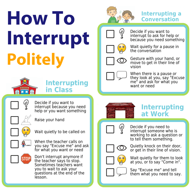 Three picture checklists show how to politely interrupt a conversation at school and at work