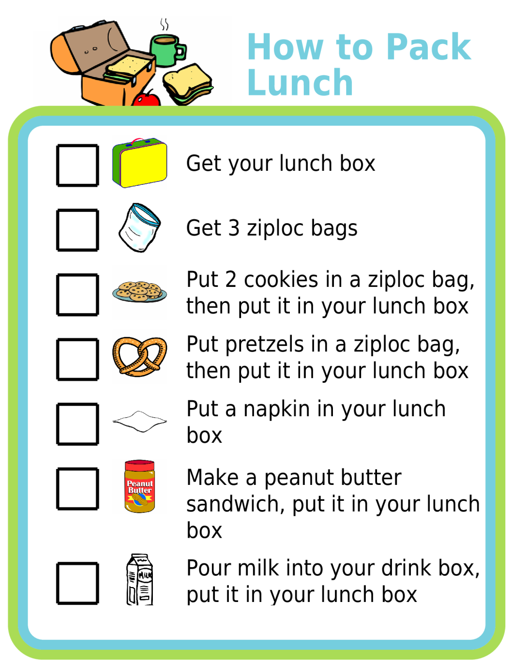 Picture checklist for how to pack lunch