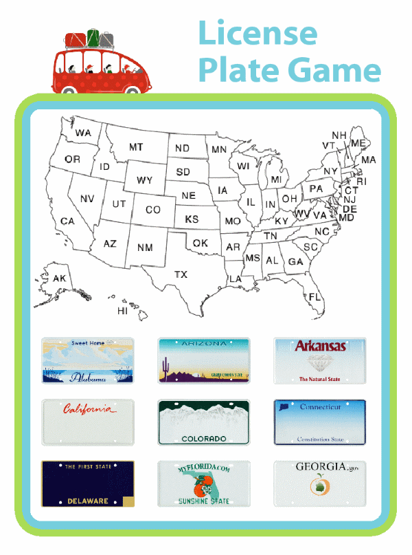 Printable License Plate Game Includes Pictures Map