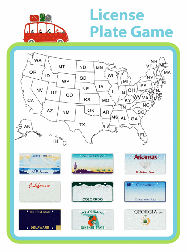 Printable License Plate Game - Includes Pictures & Map