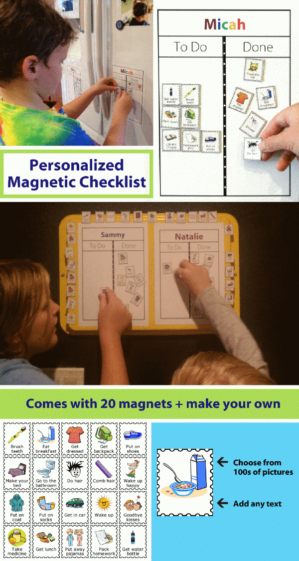 Children using personalized magnetic checklists. Comes with 20 picture magnets and ability to make your own.