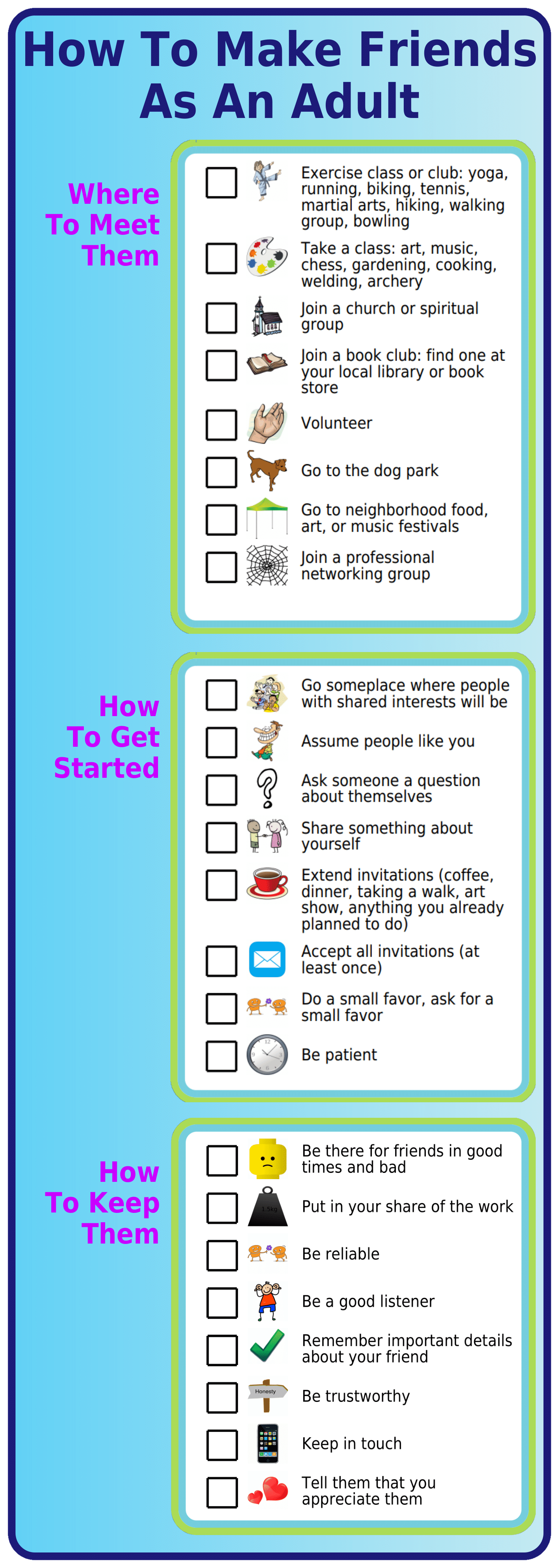 Picture checklists to teach about how to make friends - where to meet them, how to get started, how to keep them