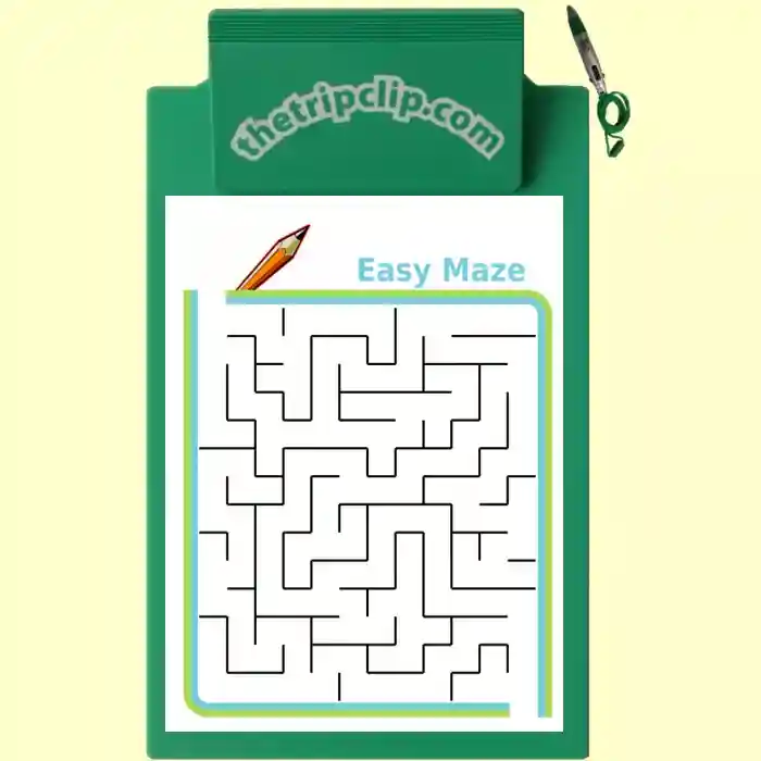 Printable mazes activity on a kid-sized clipboard with attached pen