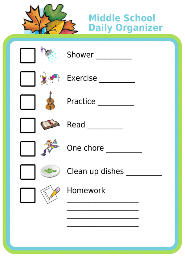 Picture checklist showing a Middle School Daily Organizer