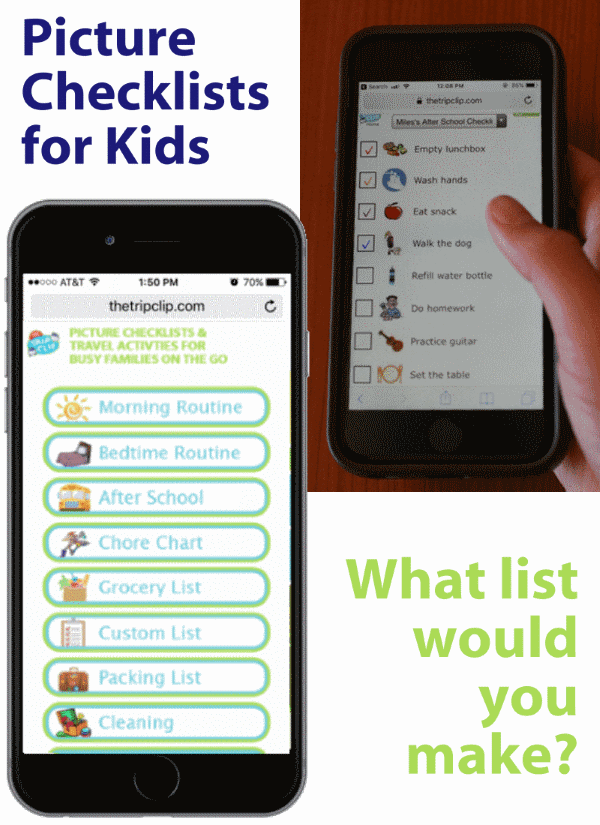 Picture checklist on a mobile phone held by a child. What list would you make?