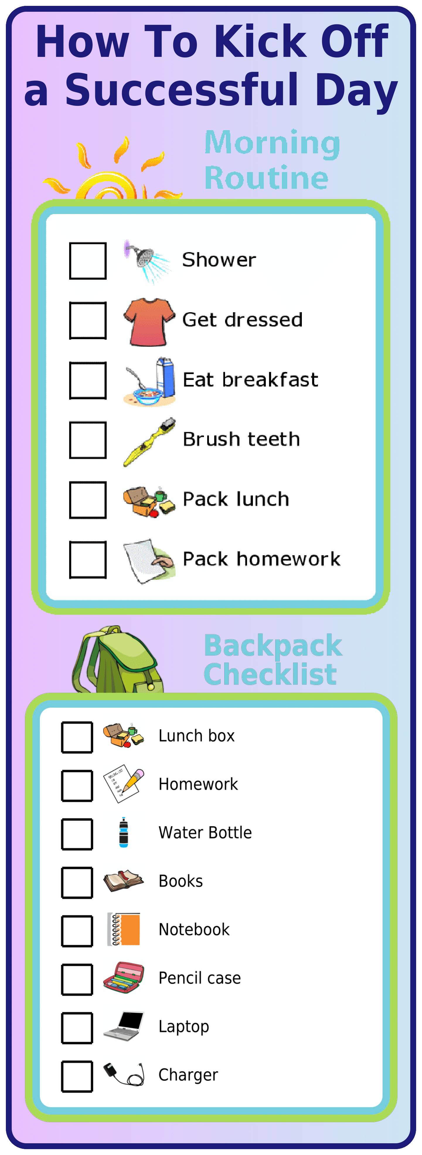 2 picture checklists: morning routine and backpack packing checklist