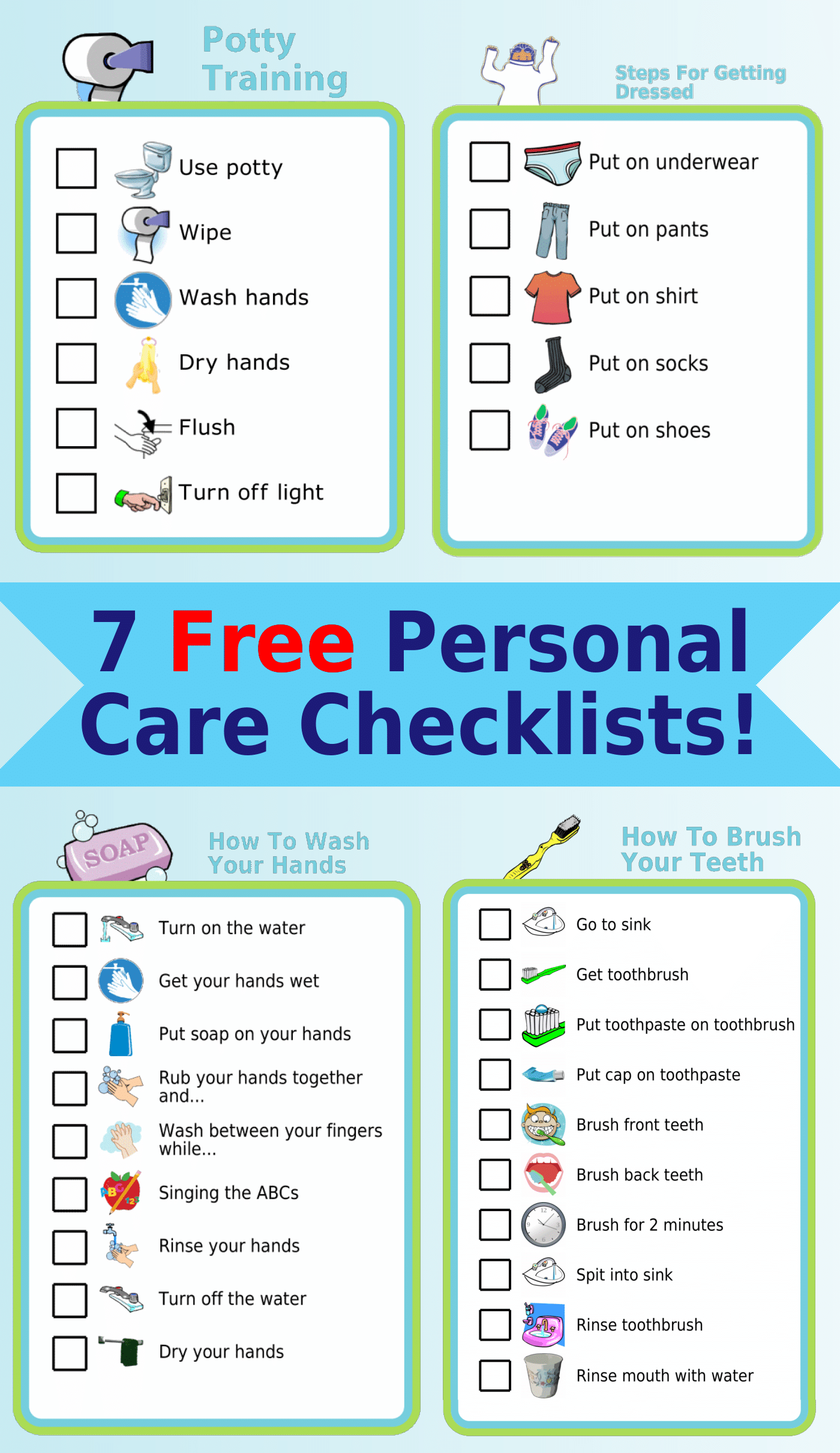 Personal care picture checklists: wash hands, get dressed, potty training, brush teeth