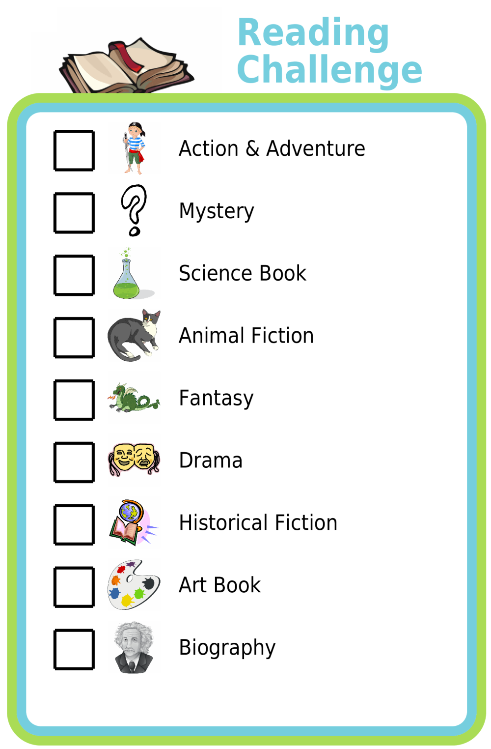 Picture checklist of a summer reading challenging with reading suggestions by genre