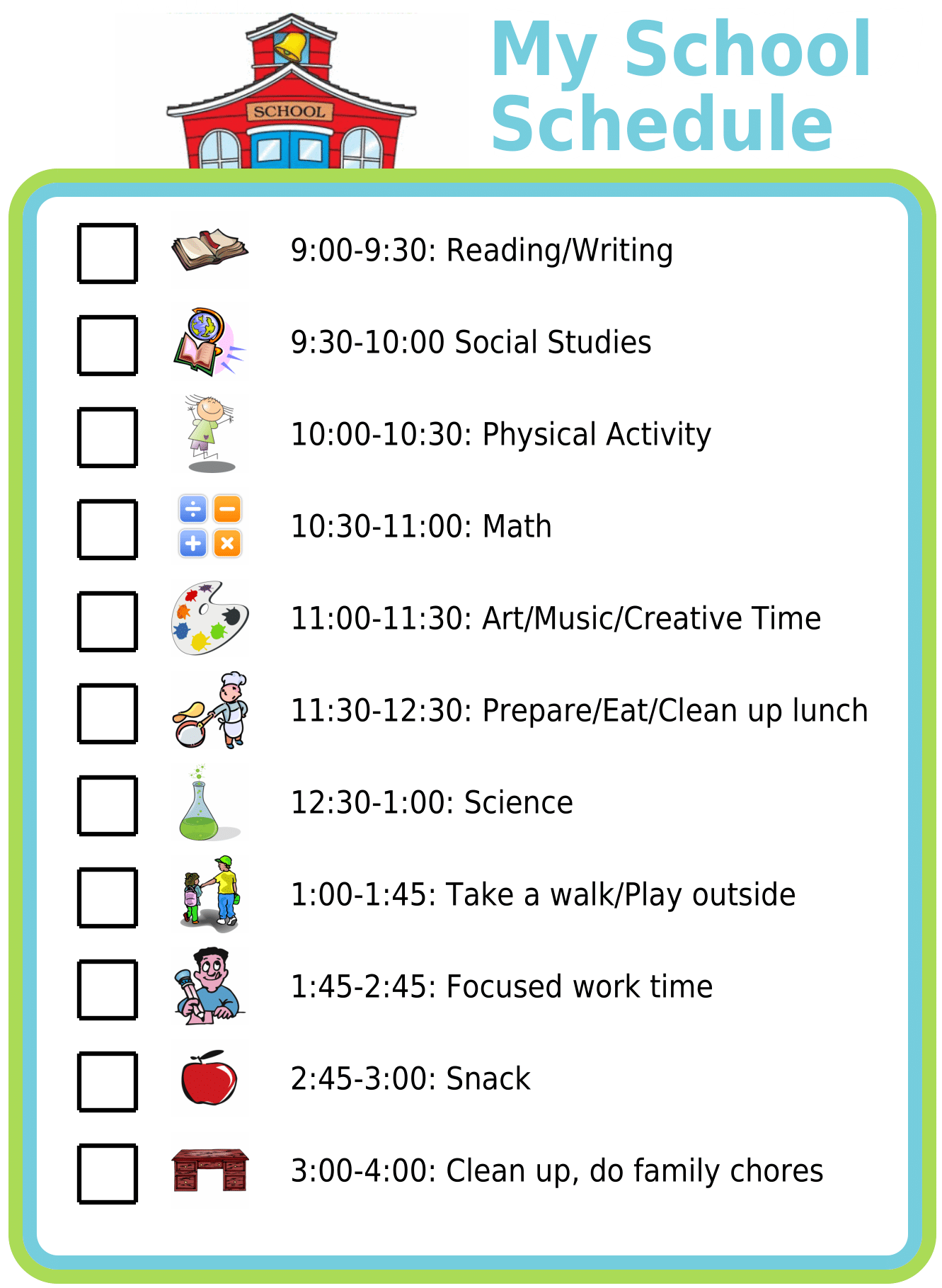 Picture checklist of a school schedule for kids