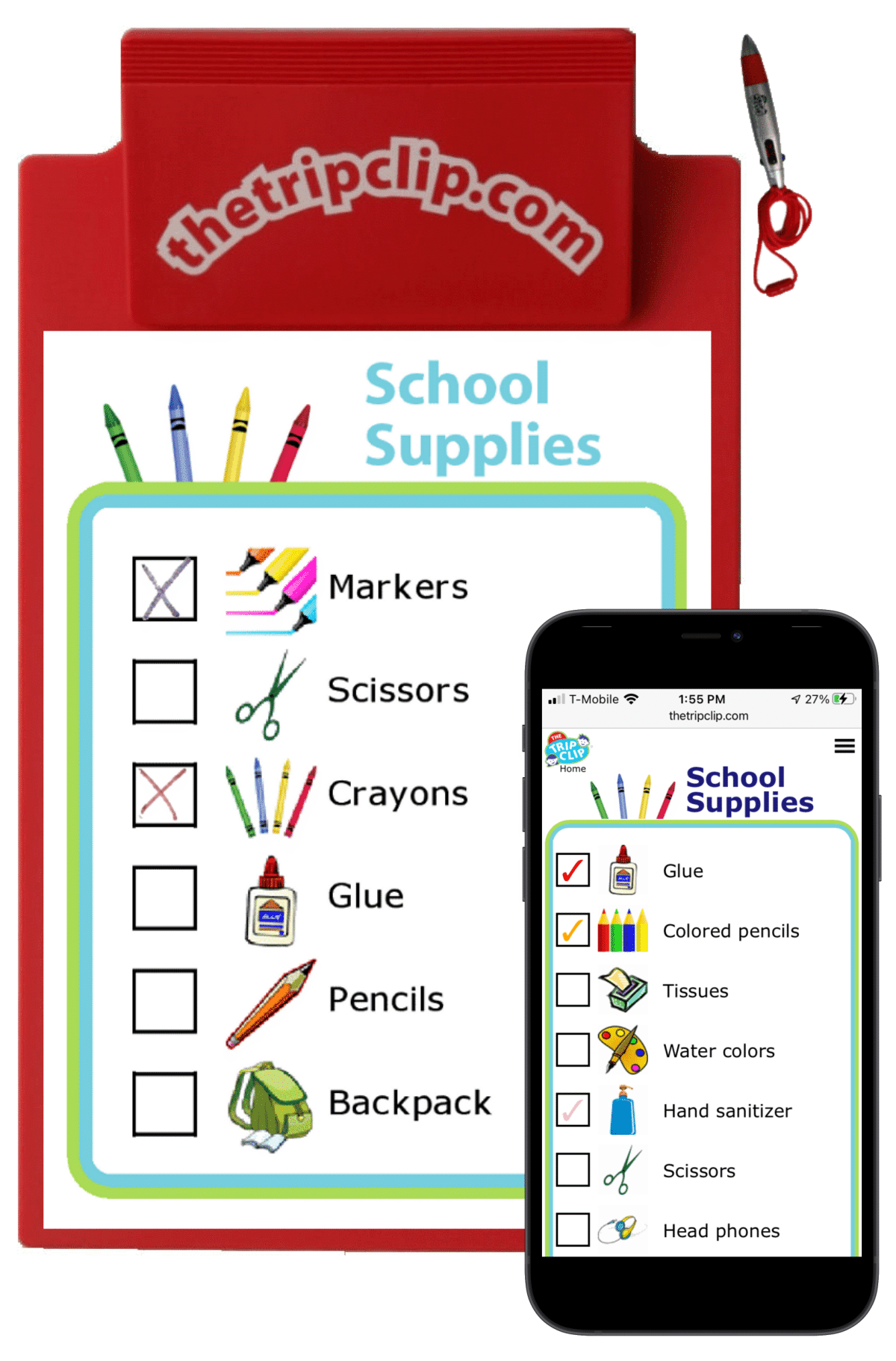 Picture checklist of school supplies; glue, markers, pencils, tisses, hand sanitizer, scissors