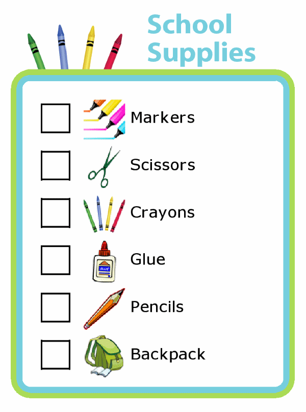 school supplies picture shopping list for kids