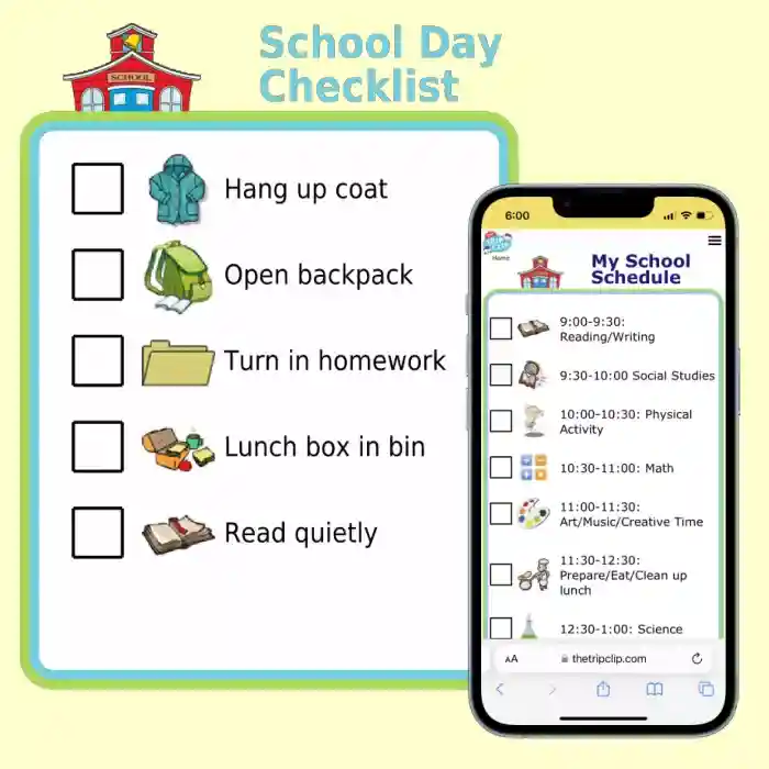 Printable picture school schedule overlayed by picture list on iPhone