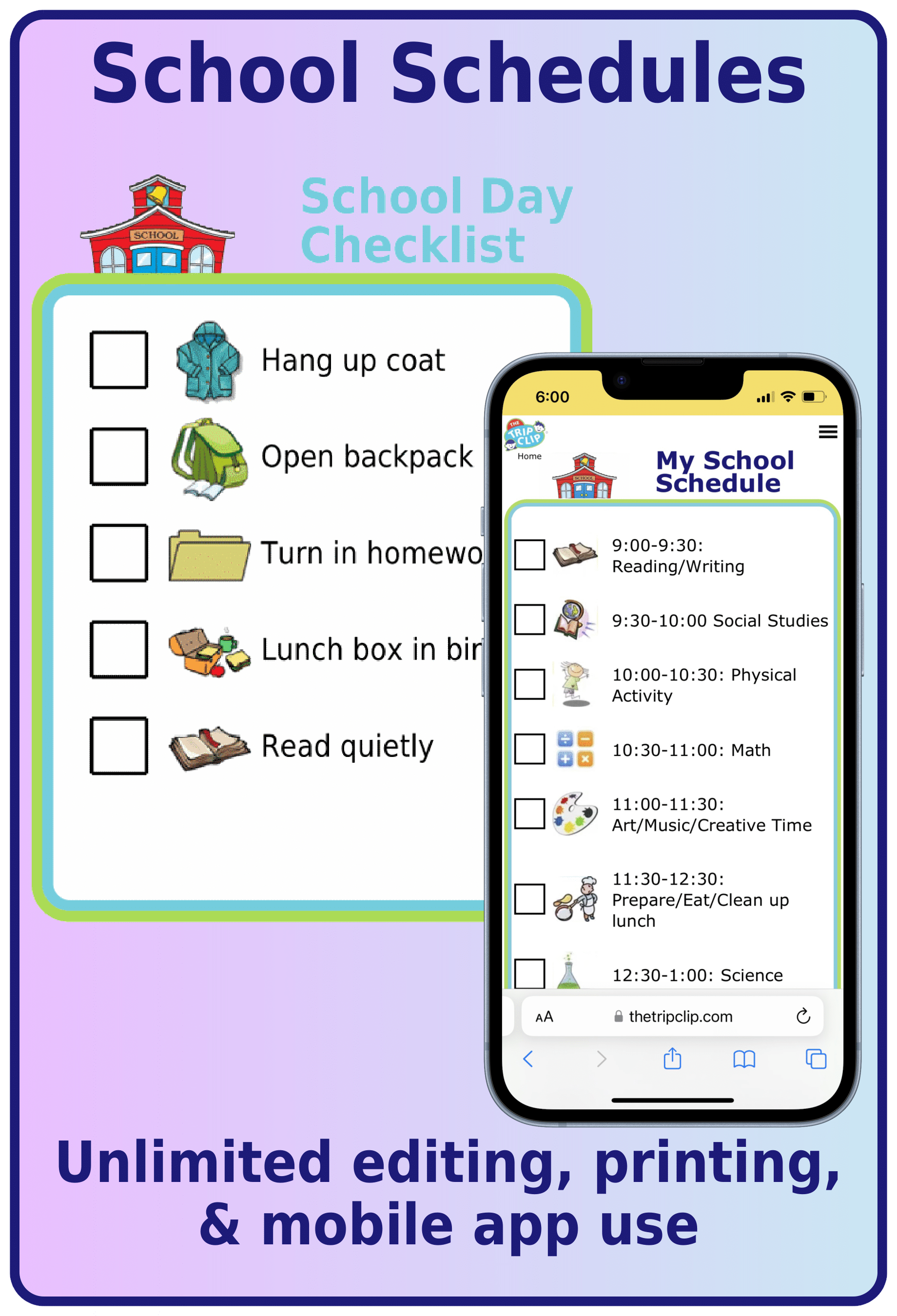 Picture checklist of a school schedule for kids, printed and on phone